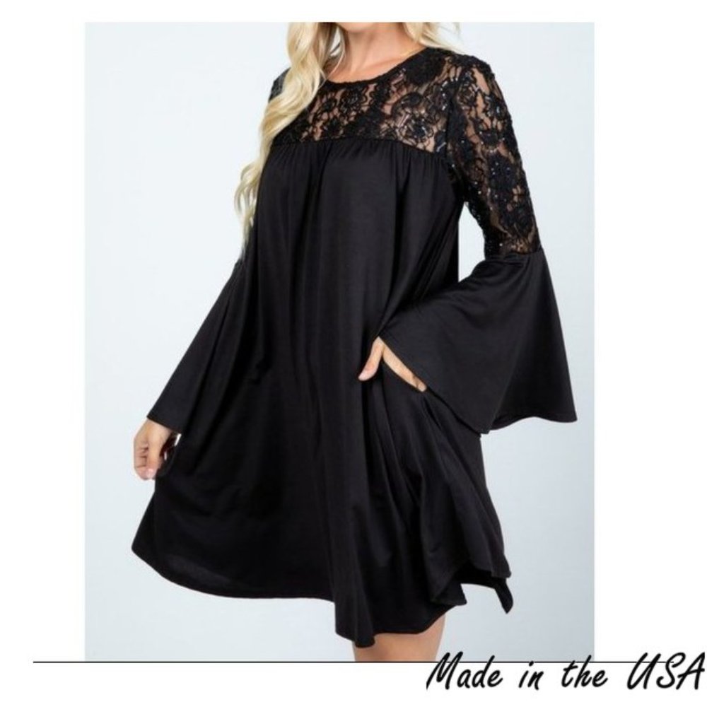 SEQUENCED LACE BELL SLEEVE DRESS WITH SIDE POCKETS